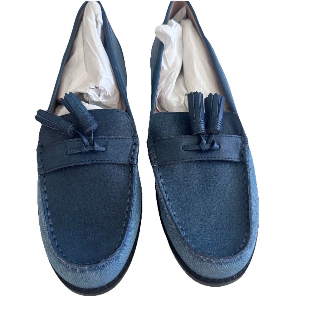 New NYDJ Ariel Navy Chambray Tassle Loafer Womens Shoes 9 Preppy Classic
